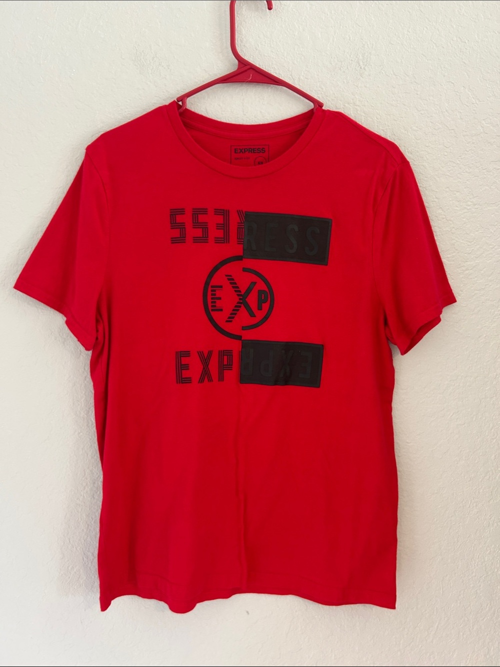 Express Red Short-Sleeve Crewneck T-Shirt with Black Logo Panels